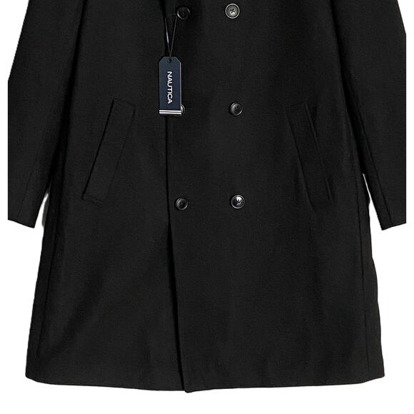 Nautica Men's 44 Long Overcoat Double-Breasted Wool Blend Lined Solid Black NEW - Picture 3 of 9